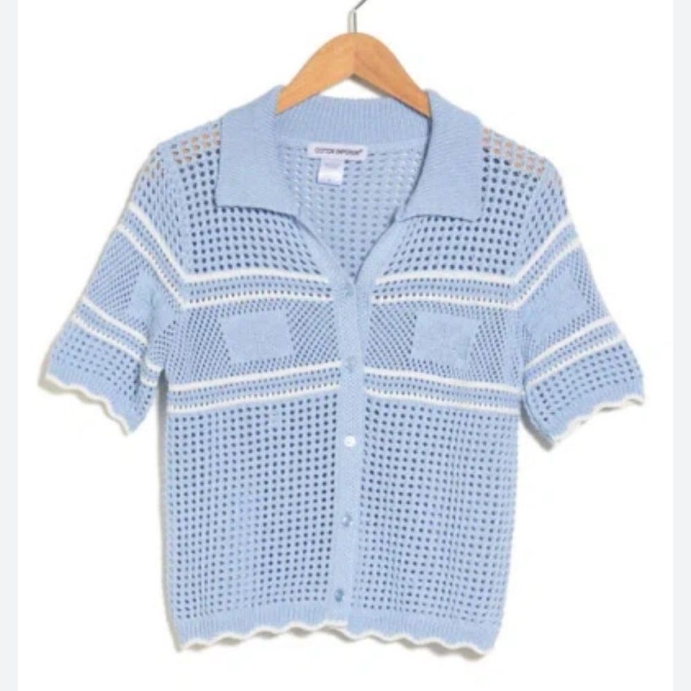 Cotton Emporium Crochet Striped Short Sleeve Cardigan NEW